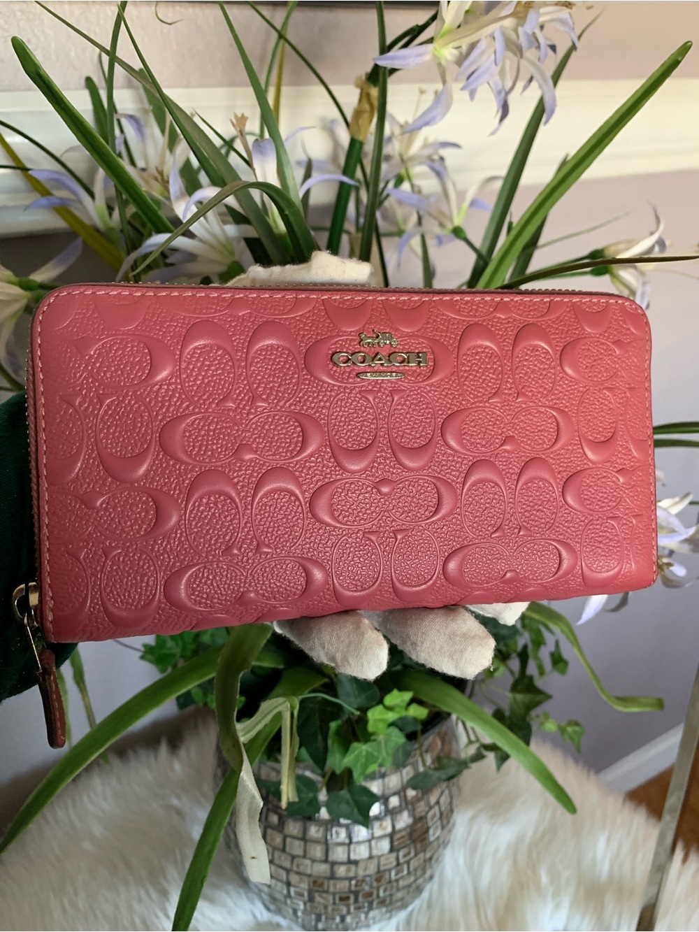 Coach Rose Pink Embossed Signature Zip Wallet